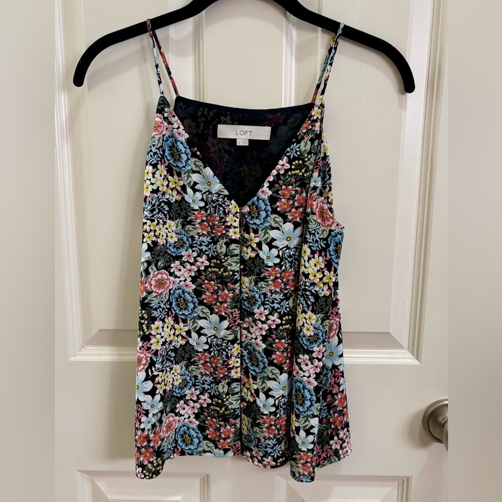 LOFT floral V- neck camisole blouse. Colors of blues,pinks & yellow Size- XS